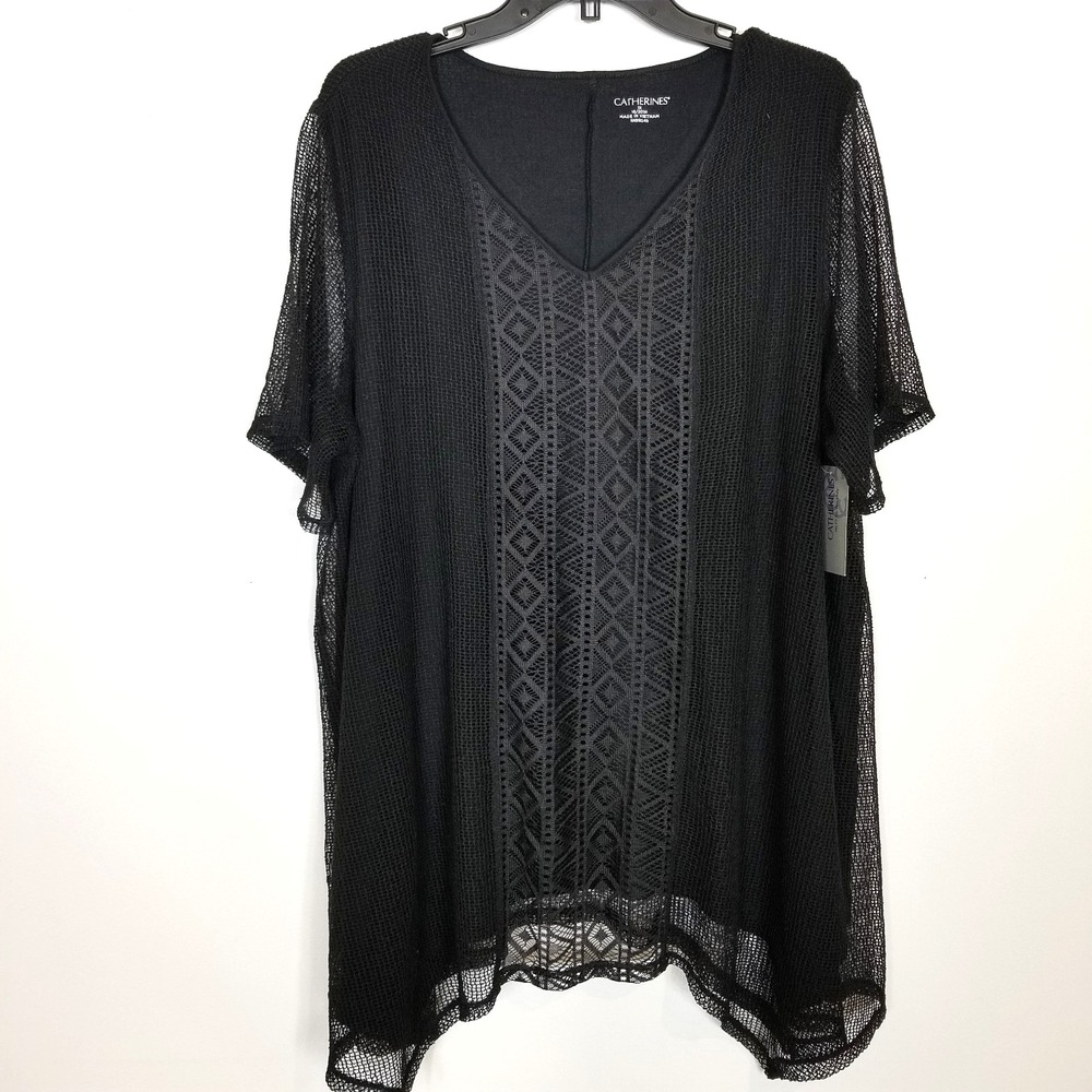 Catherines Women Plus Lace Overlay Tunic Top  1X Black Short Sleeve‎ Boho Blouse